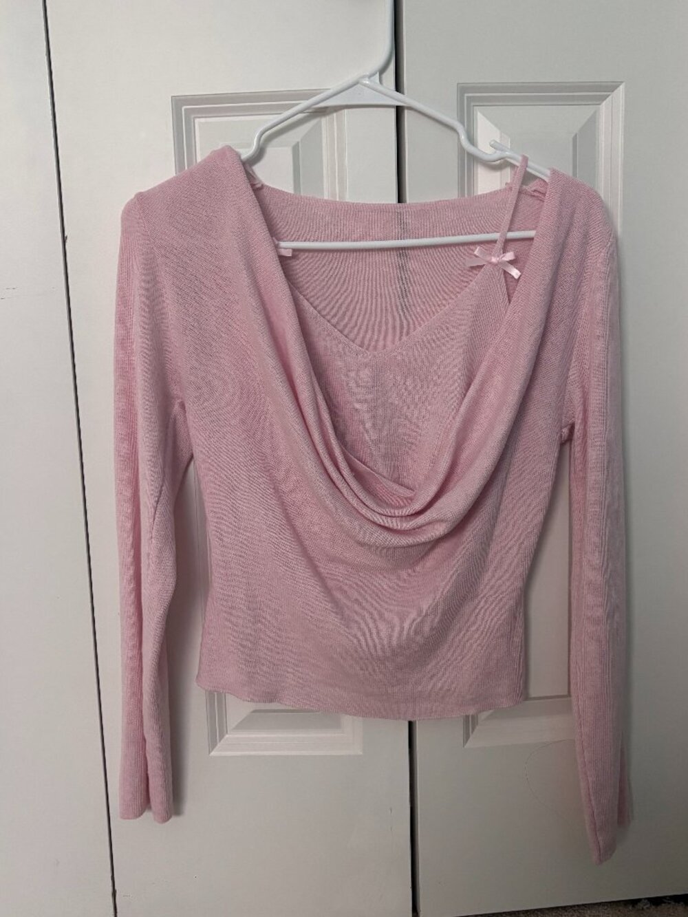 Y2K Baby Pink Cowl Neck Ribbon Layered Long Sleeve Top Size M Medium